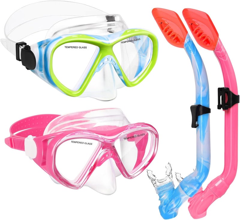 ACQCES 2 Sets Snorkeling Gear for Kids, Kids Snorkel Set for Ages 6-14, Dry Top Snorkel Mask Set for Youth Boys Girls Junior, Tempered Glass Diving Swimming Mask Goggles - Image 1